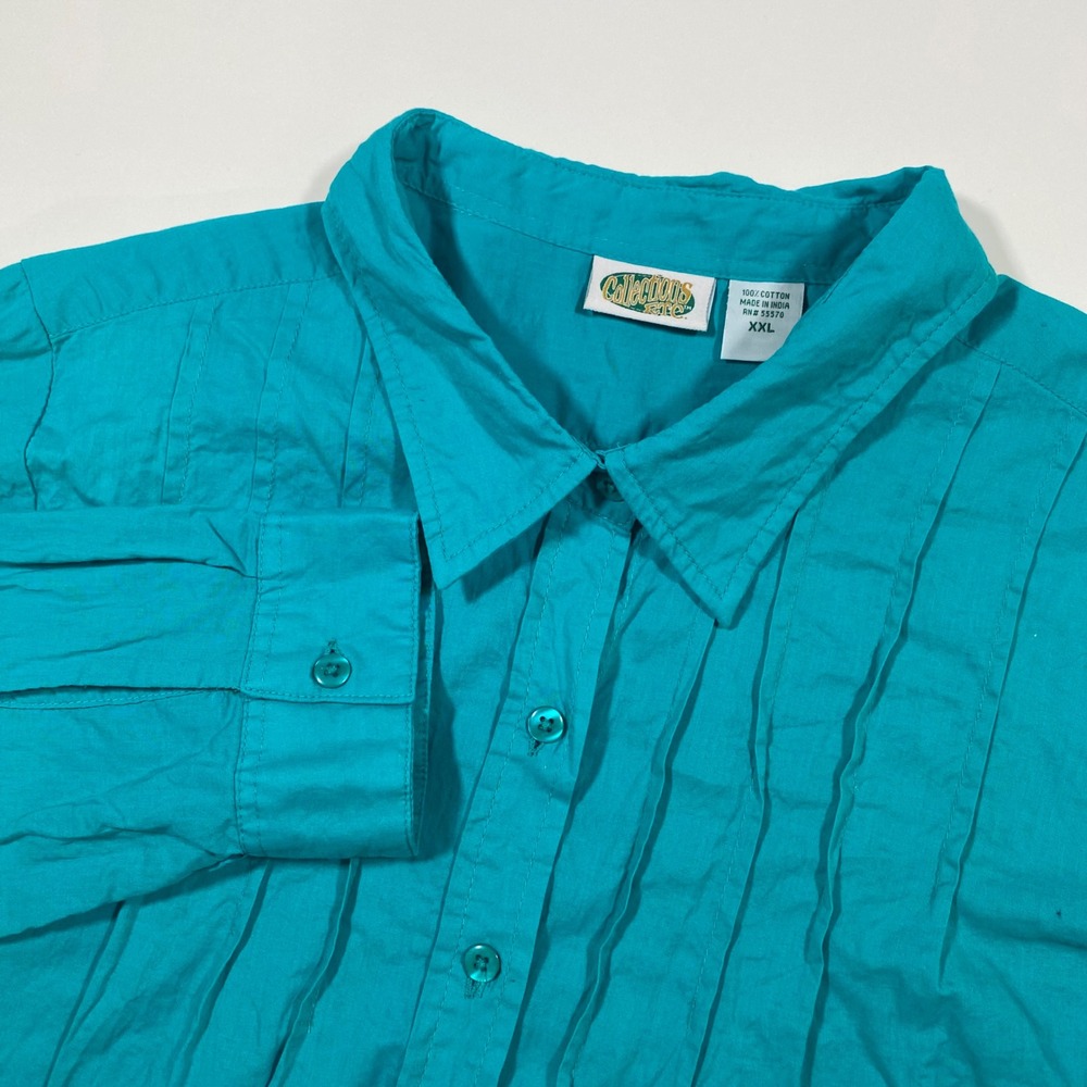 Collections Etc Teal Pleated‎ Long Sleeve Button Up Shirt Top XXL Cotton